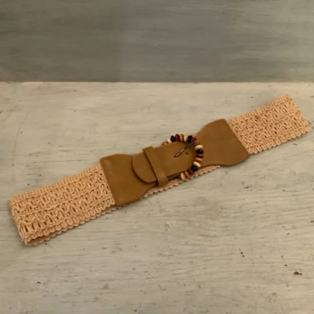Woven Raffia Faux Leather Beaded Buckle Cinch‎ Waist Fashion Belt Good Condition